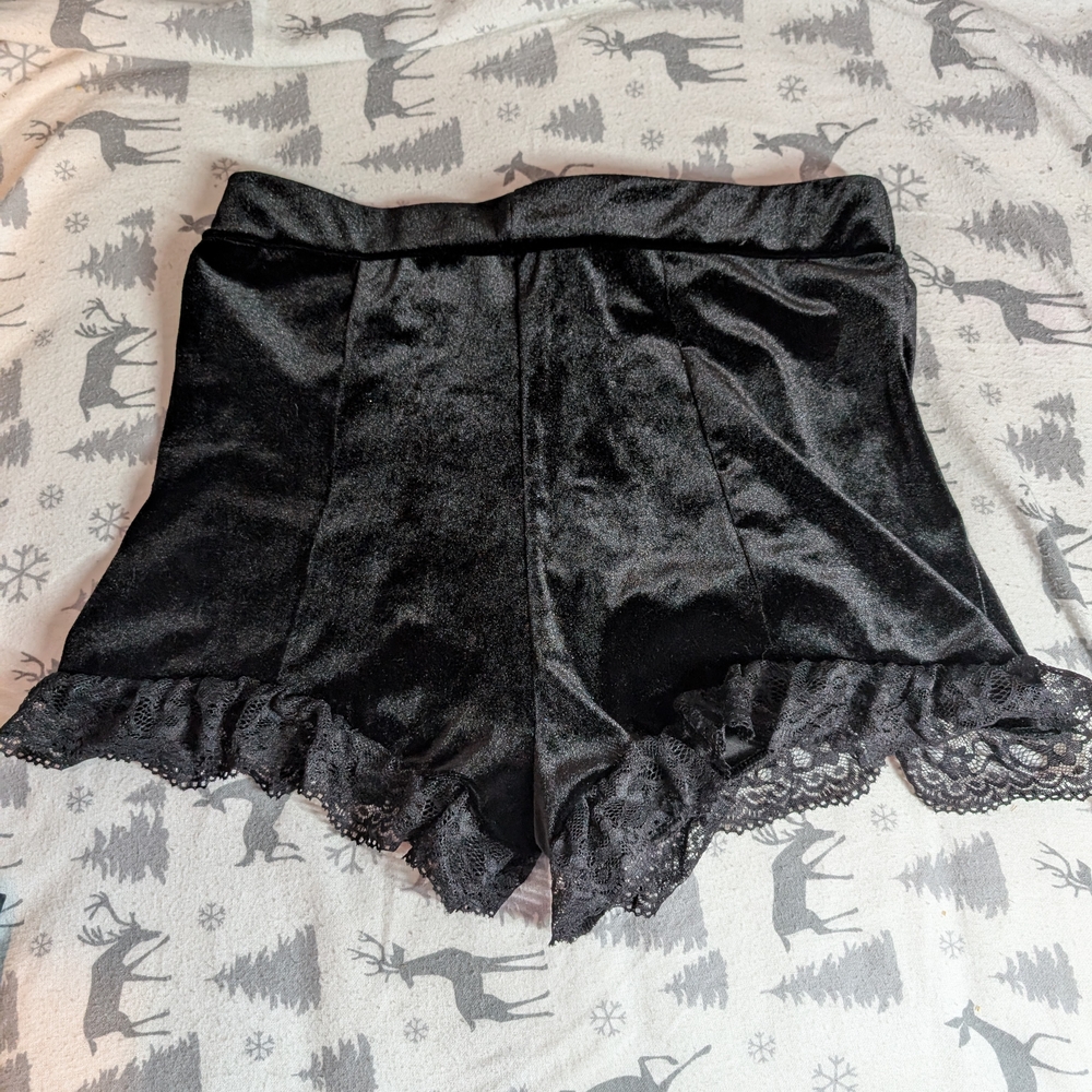 Black Satin Lace Trim Shorts